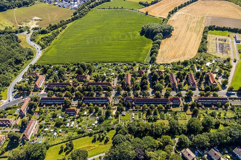 Aerial photo, colliery housing estate, colliery settlement, colliery settlement Vogelsang, Hamm, Ruhr area, North Rhine-Westphalia, Germany, DE, Europe, birds-eyes, view, aerial photograph, aerial photography, aerial photography, overview, bird's eye view, colliery houses, colliery settlement, Hamm-Heessen, living, flat, houses, residential buildings, housing estate, settlement