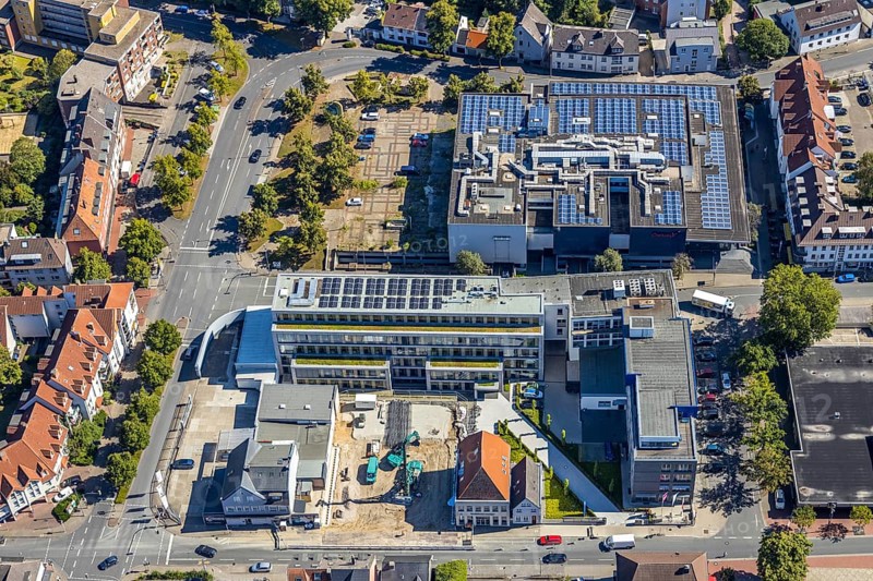 Aerial view, construction site, new building, Pressehaus Westfälischer Anzeiger, Radio Lippewelle, Hamm, Ruhr area, North Rhine-Westphalia, Germany, DE, Europe, birds-eyes, view, aerial photography, aerial photography, overview, overview, bird's eye view, press, newspaper, news, information, daily newspaper, radio station, radio programme, modedration, music, news, hits, charts