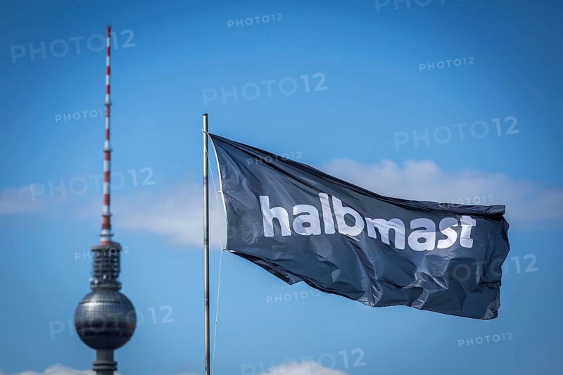 DEU Germany Germany Berlin The alternative project Holzmarkt on the banks of the Spree The flag 'half-mast' flies over the Holzmarkt