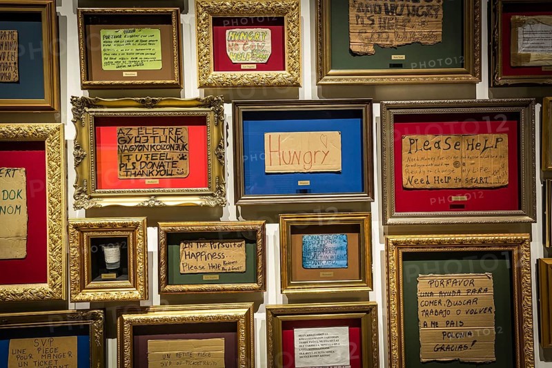 DEN Denmark Aarhus The Danish art museum Aros. Framed signs of homeless people