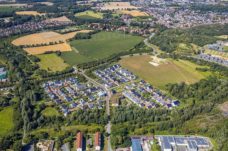 Aerial view, new development area Heinrich-Wätermann-Straße - Am Wevelshof - Homann-Weg, Op der Heide - Albertsmeierhof - Brinkmanns Weg, Hamm, Ruhr area, North Rhine-Westphalia, Germany, DE, Europe, birds-eyes, view, aerial photograph, aerial photography, aerial photography, overview, overview, bird's eye view, living, flat, houses, residential buildings, housing estate, settlement