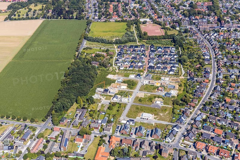Aerial view, residential park Schulze-Everding, open space and meadow south of Horster Straße, second construction phase Berliner Straße, Bockum-Hövel, Hamm, Ruhr area, North Rhine-Westphalia, Germany, DE, Europe, birds-eyes view, aerial photograph, aerial photography, overview, bird's eye view