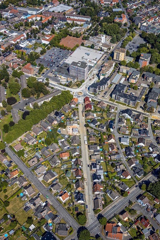 Aerial view, road construction, Baumerstrasse, Rautensteinstrasse, Friedrich-Ebert-Strasse, roundabouts, Bockum-Hövel, Hamm, Ruhr area, North Rhine-Westphalia, Germany, DE, Europe, birds-eyes view, aerial photography, aerial photography, overview, bird's eye view