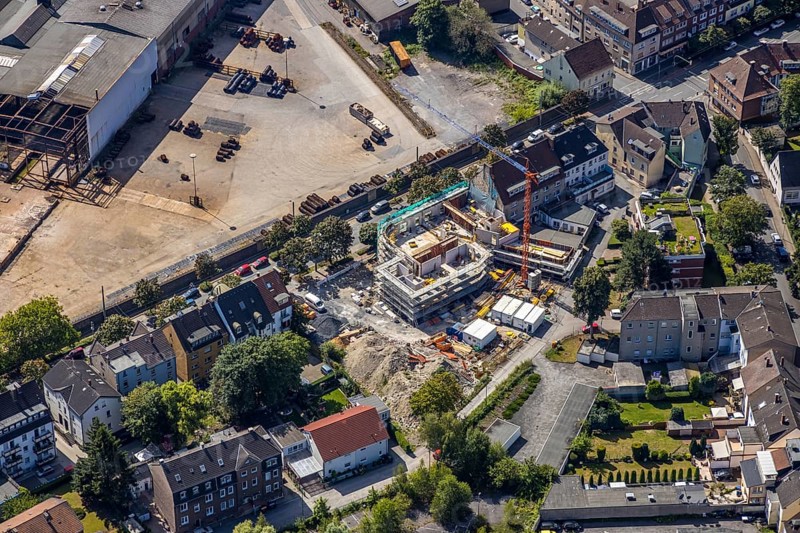 Aerial view, construction site at Wilhelmstraße 61-65, former Roxy cinema, new building of flats, Hamm, Ruhr area, North Rhine-Westphalia, Germany, DE, Europe, birds-eyes, view, aerial photograph, aerial photography, aerial photography, overview, overview, bird's eye view, living, flat, houses, residential buildings, housing estate, settlement
