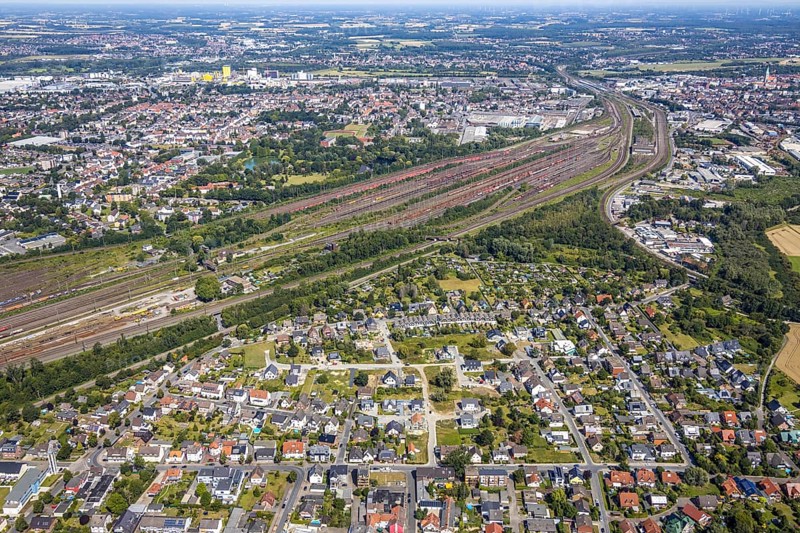 Aerial photo, marshalling yard, overview Lohauserholz, Hamm, Ruhr area, North Rhine-Westphalia, Germany, DE, Europe, birds-eyes, view, aerial photography, aerial photography, overview, bird's eye view, freight, freight yard, goods trains, freight traffic, transport, logistics