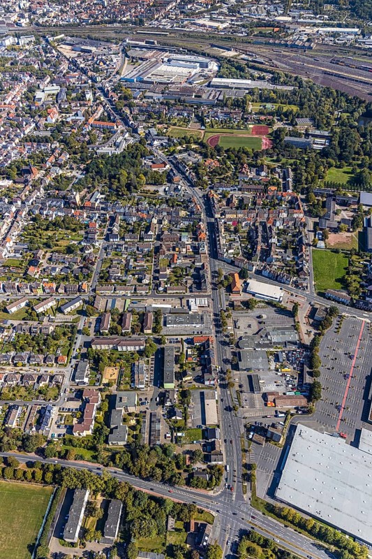 Aerial view, city centre view, Wilhelmstraße, sports centre west, Hamm, Ruhr area, North Rhine-Westphalia, Germany, DE, Europe, football pitch, football stadium, football club, property tax, real estate, aerial view, aerial photography, aerial photography, sports, sports facilities, sports field, sports facility, stadium, overview, bird's eye view, residential area, living and working, living and life, residential area, residential buildings, residential quality, housing estate, birds-eyes view, overview