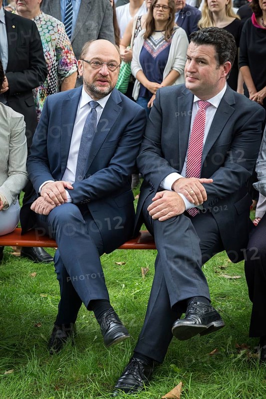 DEU Germany Germany Berlin SPD leader and candidate for chancellor Martin Schulz during the inauguration of the memorial to Marie Juchacz, founder of the Workers' Welfare Association AWO. Hubertus Heil, SPD General Secretary, next to him