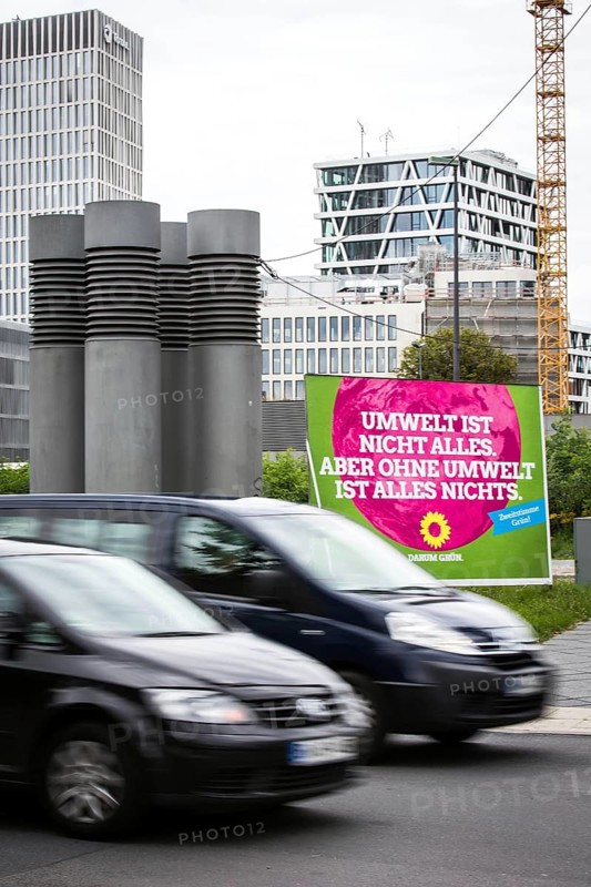 DEU Germany Germany Berlin A Green Party election poster in front of the main railway station and Total Tower