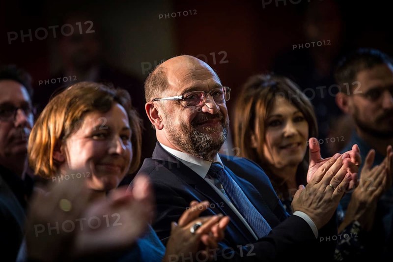 DEU Germany Germany Berlin SPD chancellor candidate Martin Schulz with writer Juli Zeh and actress Iris Berben at an event organised by the SPD Cultural Forum in Berlin's Lapidarium