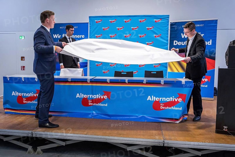 DEU Germany Germany Berlin Election event of the Alternative for Germany AFD with Beatrix von Storch with the British founder of the UKIP party Nigel Farage. Preparation of the appearance with white tablecloths