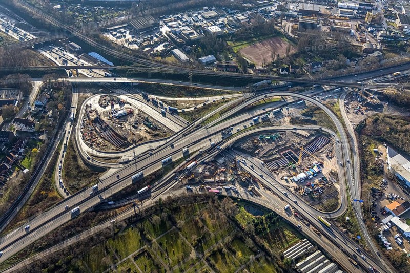 Aerial view, construction site due to A43 extension, motorway junction Herne, motorway A42, motorway A43, Baukau-West, Herne, Ruhr area, North Rhine-Westphalia, Germany, motorway, motorway bridge, motorway junction, construction work, construction, construction vehicles, construction area, construction site, construction site, construction project, construction site, DE, renewal, Europe, aerial view, aerial photography, aerial photography, overview, bird's eye view, birds-eyes view, overview
