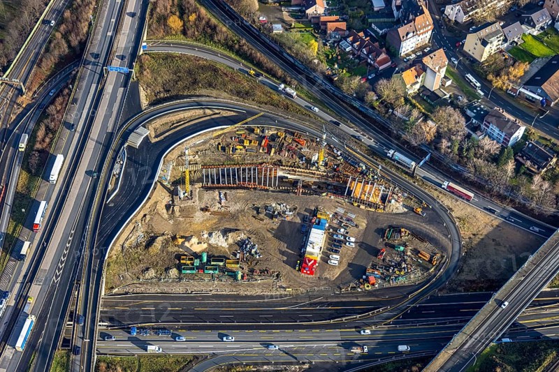 Aerial view, construction site due to A43 extension, motorway junction Herne, motorway A42, motorway A43, Baukau-West, Herne, Ruhr area, North Rhine-Westphalia, Germany, motorway, motorway bridge, motorway junction, construction work, construction, construction vehicles, construction area, construction site, construction site, construction project, construction site, DE, renewal, Europe, aerial view, aerial photography, aerial photography, overview, bird's eye view, birds-eyes view, overview