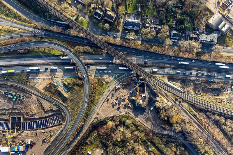 Aerial view, construction site due to A43 extension, motorway junction Herne, motorway A42, motorway A43, Baukau-West, Herne, Ruhr area, North Rhine-Westphalia, Germany, motorway, motorway bridge, motorway junction, construction work, construction, construction vehicles, construction area, construction site, construction site, construction project, construction site, DE, renewal, Europe, aerial view, aerial photography, aerial photography, overview, bird's eye view, birds-eyes view, overview