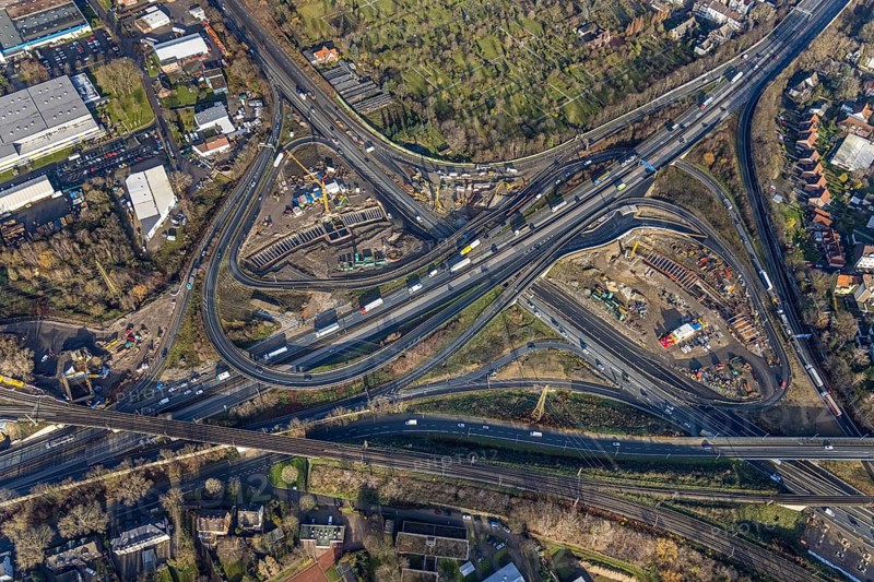 Aerial view, construction site due to A43 extension, motorway junction Herne, motorway A42, motorway A43, Baukau-West, Herne, Ruhr area, North Rhine-Westphalia, Germany, motorway, motorway bridge, motorway junction, construction work, construction, construction vehicles, construction area, construction site, construction site, construction project, construction site, DE, renewal, Europe, aerial view, aerial photography, aerial photography, overview, bird's eye view, birds-eyes view, overview