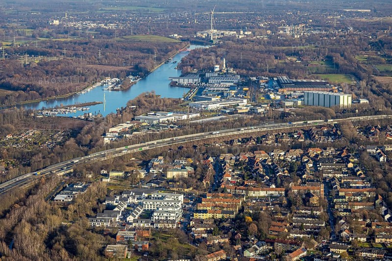 Aerial view, construction site, new housing estate Jürgens Hof, Am Fischergraben, view to the Herne Sea, commercial area Friedrich der Große, Herne, Ruhr area, North Rhine-Westphalia, Germany, motorway A42, construction work, construction, construction area, building site, building plots, construction project, construction site, DE, Europe, property tax, IGZ Herne, real estate, aerial view, aerial photography, aerial photography, Marina Friedrich der Große, Rhine-Ruhr metropolitan region, new construction, overview, bird's-eye view, residential complex, living and living, residential area, residential buildings, residential quality, residential neighbourhood, housing estate, marina, birds-eyes view, overview