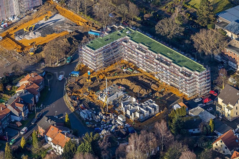 Aerial view, construction site of the new Widumer Höfe building, the future retirement home of the St. Elisabeth Group, Sodingen, Herne, Ruhr area, North Rhine-Westphalia, Germany