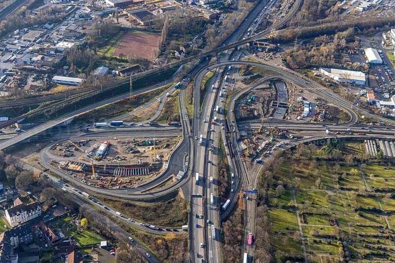 Aerial view, construction site due to A43 extension, motorway junction Herne, motorway A42, motorway A43, Baukau-West, Herne, Ruhr area, North Rhine-Westphalia, Germany, motorway, motorway bridge, motorway junction, construction work, construction, construction vehicles, construction area, construction site, construction site, construction project, construction site, DE, renewal, Europe, aerial view, aerial photography, aerial photography, overview, bird's eye view, birds-eyes view, overview