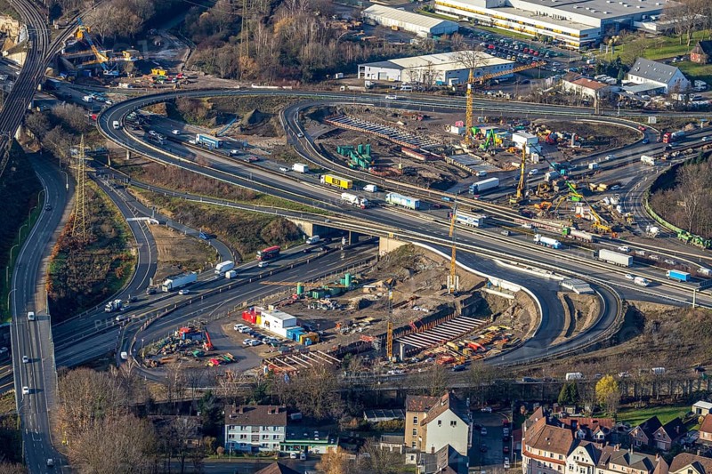 Aerial view, construction site due to A43 extension, motorway junction Herne, motorway A42, motorway A43, Baukau-West, Herne, Ruhr area, North Rhine-Westphalia, Germany, motorway, motorway bridge, motorway junction, construction work, construction, construction vehicles, construction area, construction site, construction site, construction project, construction site, DE, renewal, Europe, aerial view, aerial photography, aerial photography, overview, bird's eye view, birds-eyes view, overview
