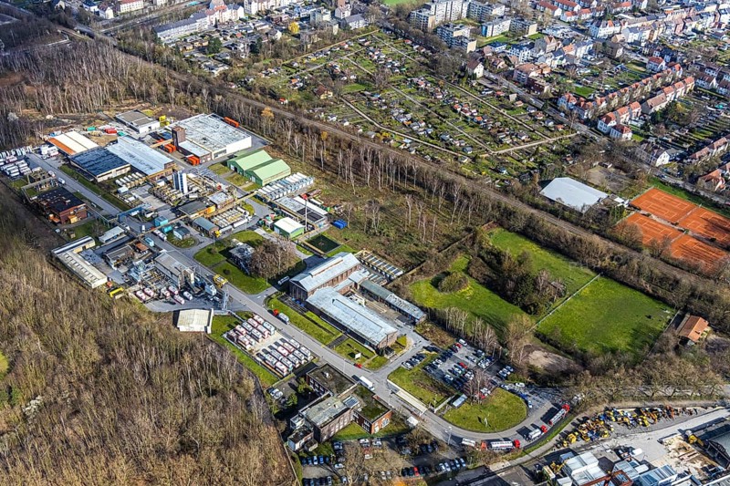 Aerial view, industrial area, former coal mine, double trestle winding tower of the former Pluto colliery in Wanne-Eickel, Herne, Ruhr area, North Rhine-Westphalia, Germany, DE, Europe, birds-eyes, view, aerial photography, aerial photography, overview, overview, bird's eye view, former, industry, industrial culture, industrial history, trade, economy, commercial enterprise, production, trade