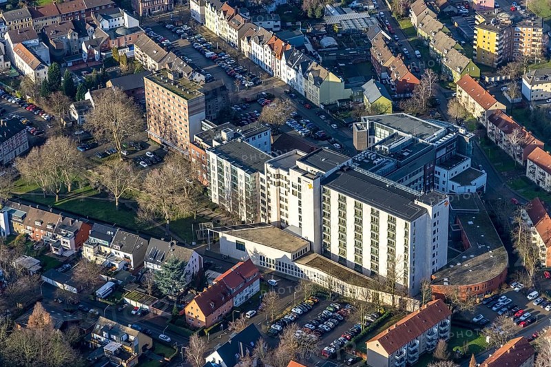 Aerial view, St. Anna Hospital, Wanne, Herne, Ruhr area, North Rhine-Westphalia, Germany, DE, Europe, healthcare, hospital, hospital street, clinic, clinic centre, hospital, aerial photograph, aerial photography, aerial photography, medical facility, medical aid, emergency service, overview, bird's eye view, overview, medical care