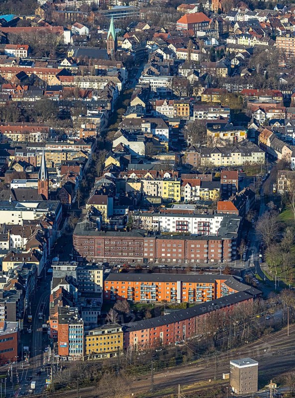 Aerial view, city view main street, Wanne, Herne, Ruhr area, North Rhine-Westphalia, Germany, place of worship, DE, Europe, religious community, place of worship, property tax, holy place, real estate, church, church community, denomination, aerial photograph, aerial photography, aerial photography, religion, religious site, overview, bird's eye view, residential area, living and life, residential area, residential buildings, quality of life, residential neighbourhood, housing estate, birds-eyes view, overview