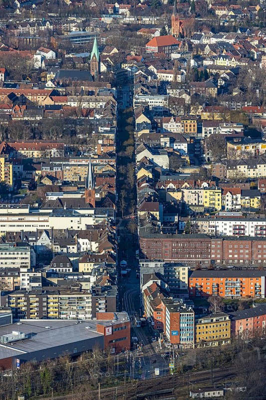 Aerial view, city view main street, Wanne, Herne, Ruhr area, North Rhine-Westphalia, Germany, place of worship, DE, Europe, religious community, place of worship, property tax, holy place, real estate, church, church community, denomination, aerial photograph, aerial photography, aerial photography, religion, religious site, overview, bird's eye view, residential area, living and life, residential area, residential buildings, quality of life, residential neighbourhood, housing estate, birds-eyes view, overview