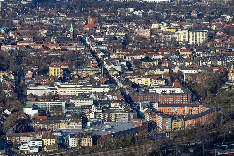 Aerial view, city view main street, Christuskirche, catholic church St. Laurentius, Wanne, Herne, Ruhr area, North Rhine-Westphalia, Germany, place of worship, DE, Europe, religious community, place of worship, property tax, holy place, real estate, church, parish, denomination, aerial view, aerial photography, aerial photography, religion, religious site, overview, bird's-eye view, residential area, living and life, residential area, residential buildings, quality of life, residential neighbourhood, housing estate, birds-eyes view, overview