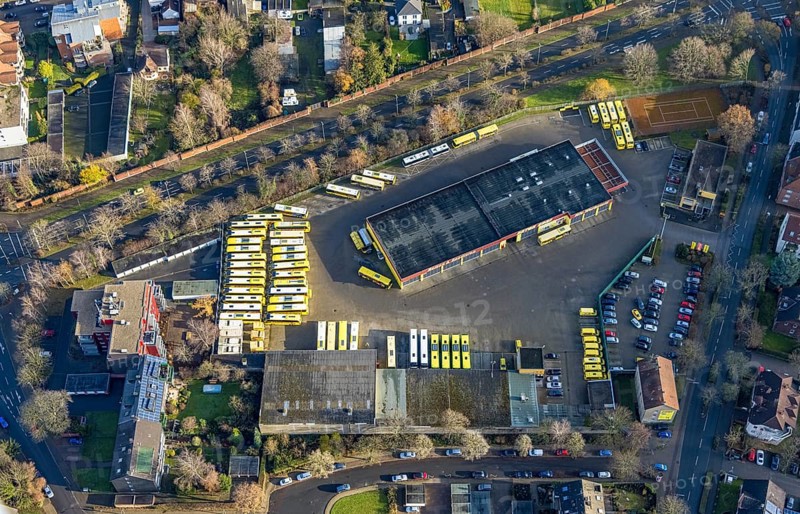 Aerial photo, Graf Reisen bus company, Röhlinghausen, Herne, Ruhr area, North Rhine-Westphalia, Germany, bus travel, buses, DE, Edmund-Weber-Straße, Europe, commercial enterprises, commercial area, commercial park, commercial location, commercial use, industrial area, industrial building, industrial location, aerial photograph, aerial photography, aerial photography, overview, bird's-eye view, birds-eyes view, overview