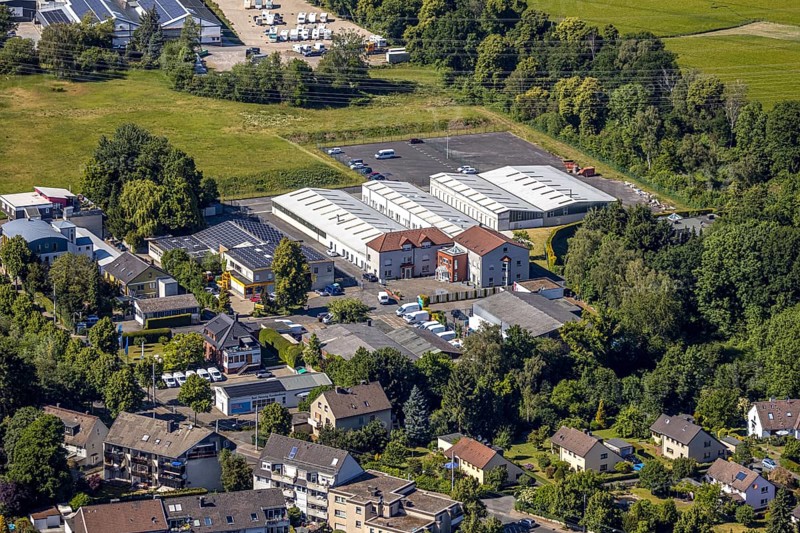 Aerial view, company premises Hattinger Straße 985, Linden, Bochum, Ruhr area, North Rhine-Westphalia, Germany, DE, Ennepe-Ruhr district, Europe, commercial enterprises, commercial area, commercial location, commercial use, aerial photograph, aerial photography, aerial photography, overview, bird's-eye view, bird's-eye view, overview