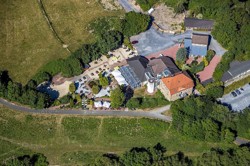 Aerial view, Landhaus Grum, Hattingen, Ruhr area, North Rhine-Westphalia, Germany, outdoor catering, beer garden, café, DE, Ennepe-Ruhr-Kreis, Europe, inn, gastronomy, aerial view, aerial photography, aerial photography, restaurant, overview, bird's eye view, birds-eyes view, overview
