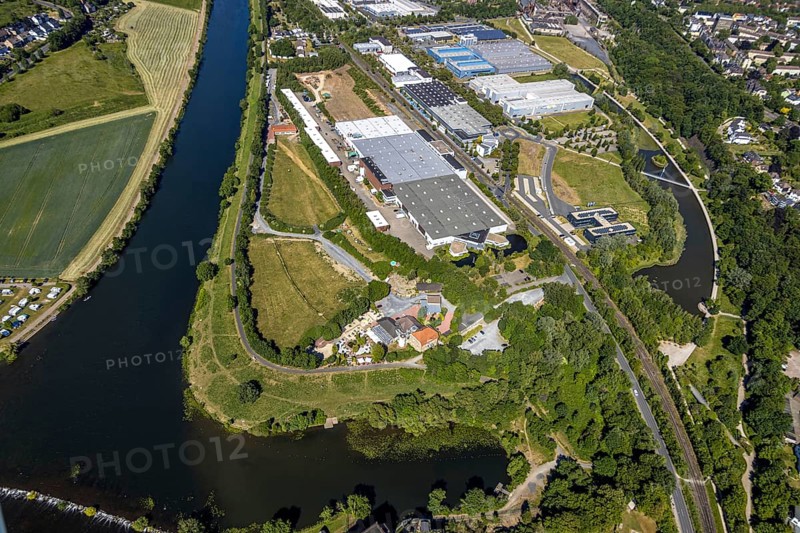 Aerial view, river Ruhr, Landhaus Grum, industrial park and landscape park Henrichshütte, Hattingen, Ruhr area, North Rhine-Westphalia, Germany, outdoor gastronomy, beer garden, café, DE, Ennepe-Ruhr district, Europe, inn, gastronomy, commercial enterprises, commercial area, commercial location, commercial use, industrial plants, industrial area, industrial location, aerial view, aerial photography, aerial photography, aerial photography, restaurant, overview, bird's-eye view, birds-eyes view, overview