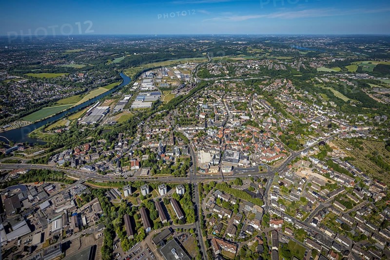 Aerial view, river Ruhr, city centre, old town, district Welper, industrial park and landscape park Henrichshütte, Hattingen, Ruhr area, North Rhine-Westphalia, Germany, local court, place of worship, DE, shopping, shopping centre, shopping markets, shopping place, shopping centre, Ennepe-Ruhr district, Europe, Protestant church St.-Georgs, distant view, religious community, place of worship, church, parish, denomination, aerial view, aerial photography, aerial photography, local supply centre, Reschop Carré, overview, bird's-eye view, birds-eyes view, catholic church St. Peter and Paul, overview