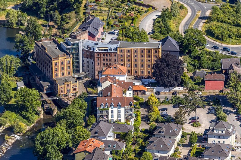 Aerial view, Hotel Birschel-Mühle, river Ruhr, lock, Hattingen, Ruhr area, North Rhine-Westphalia, Germany, Arena, DE, monument protection, Ennepe-Ruhr district, Europe, gastronomy, hotel, hotel facilities, hotel business, aerial view, aerial photography, aerial photography, Schleusenstraße, service apartment complex, overview, bird's-eye view, overview