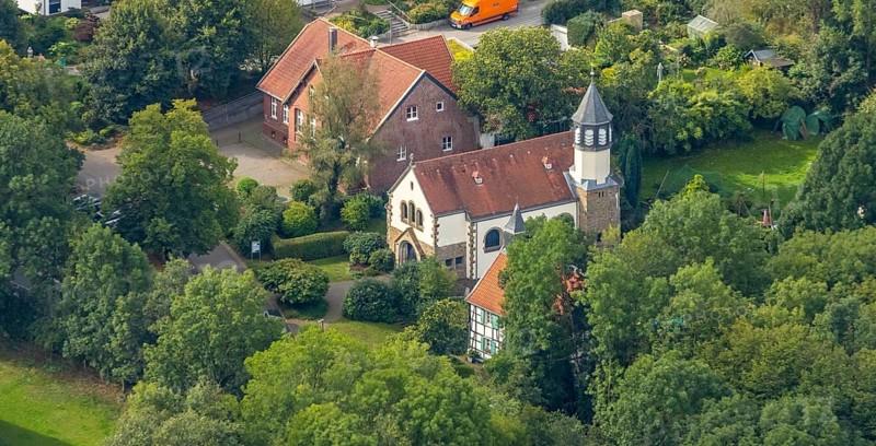Aerial view, Chapel St. Jakobus Abtsküche, Museum Abtsküche, Heiligenhaus, Ruhr area, North Rhine-Westphalia, Germany, place of worship, DE, Europe, religious community, place of worship, green trees, local history collection of the Heiligenhaus Historical Society, chapel, church, parish, denomination, aerial view, aerial photography, aerial photography, museum, religion, overview, bird's-eye view, wooded area, bird's-eye view, overview, Hofcafe Abtsküche