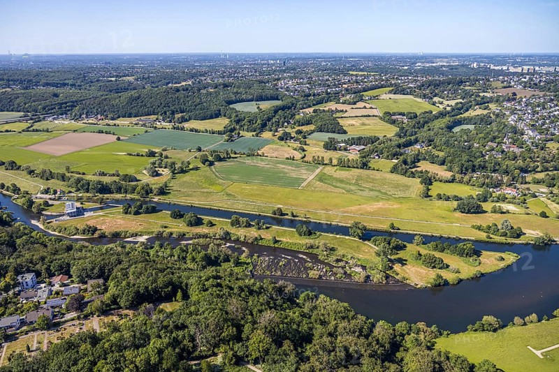 Aerial view, river Ruhr, lock canal, waterworks Stiepel, lock house, Stiepel, Bochum, Ruhr area, North Rhine-Westphalia, Germany, Blankenstein village, DE, Ennepe-Ruhr district, Europe, island, towpath, aerial view, aerial photography, aerial photography, overview, bird's eye view, meadows and fields, meadows and fieldsbirds-eyes view, birds-eyes view, overview