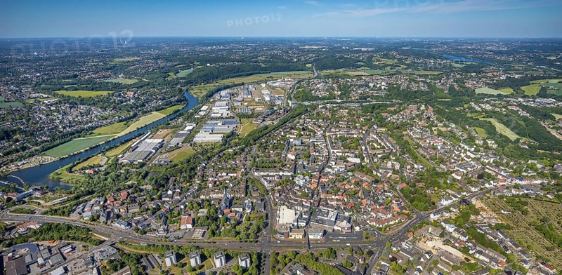 Aerial view, river Ruhr, city centre, old town, district Welper, industrial park and landscape park Henrichshütte, Hattingen, Ruhr area, North Rhine-Westphalia, Germany, local court, place of worship, DE, shopping, shopping centre, shopping markets, shopping place, shopping centre, Ennepe-Ruhr district, Europe, Protestant church St.-Georgs, distant view, religious community, place of worship, church, parish, denomination, aerial view, aerial photography, aerial photography, local supply centre, Reschop Carré, overview, bird's eye view, birds-eyes view, catholic church St. Peter and Paul, overview