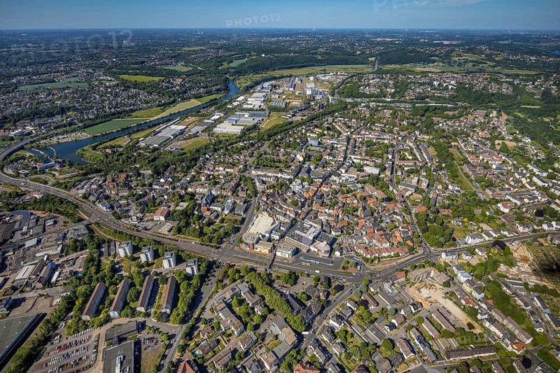 Aerial view, river Ruhr, city centre, old town, district Welper, industrial park and landscape park Henrichshütte, Hattingen, Ruhr area, North Rhine-Westphalia, Germany, local court, place of worship, DE, shopping, shopping centre, shopping markets, shopping place, shopping centre, Ennepe-Ruhr district, Europe, Protestant church St.-Georgs, distant view, religious community, place of worship, church, parish, denomination, aerial view, aerial photography, aerial photography, local supply centre, Reschop Carré, overview, bird's eye view, birds-eyes view, catholic church St. Peter and Paul, overview
