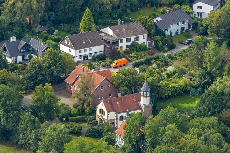 Aerial view, Chapel St. Jakobus Abtsküche, Museum Abtsküche, Heiligenhaus, Ruhr area, North Rhine-Westphalia, Germany, place of worship, DE, Europe, religious community, place of worship, green trees, local history collection of the Heiligenhaus Historical Society, chapel, church, parish, denomination, aerial photograph, aerial photography, aerial photography, museum, religion, overview, bird's-eye view, wooded area, bird's-eye view, overview, Hofcafe Abtsküche