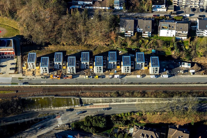 Aerial view, new development area residential estate Walter-Freitag-Straße, at Herdecke railway station, Herdecke, Ruhr area, North Rhine-Westphalia, Germany, DE, Europe, property tax, HGWG, real estate, aerial view, aerial photography, aerial photography, overview, bird's-eye view, residential estate, residential area, residential buildings, residential project Alter Steinbruch, residential quality, residential neighbourhood, housing estate, birds-eyes view, overview