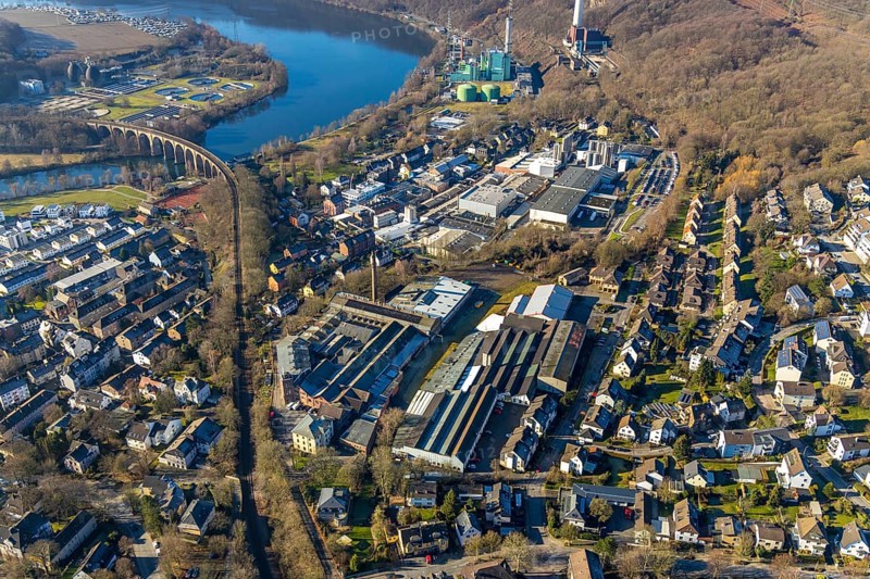 Aerial view, Ruhr river, Ruhr viaduct, commercial area, Dörkengroup, Herdecke, Ruhr area, North Rhine-Westphalia, Germany, Cuno power station, DE, Europe, commercial use, industrial area, industrial site, aerial photograph, aerial photography, aerial photography, overview, bird's eye view, weather road, birds-eyes view, overview