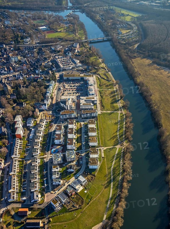 Aerial view, Ruhr-Aue district, Ruhr promenade, Ruhr river, Herdecke, Ruhr area, North Rhine-Westphalia, Germany, DE, shopping square, shopping centre, Europe, commercial buildings, property tax, real estate, aerial view, aerial photography, aerial photography, local supply centre, overview, bird's-eye view, living and working, living and life, residential area, residential buildings, residential quality, residential district, birds-eyes view, overview