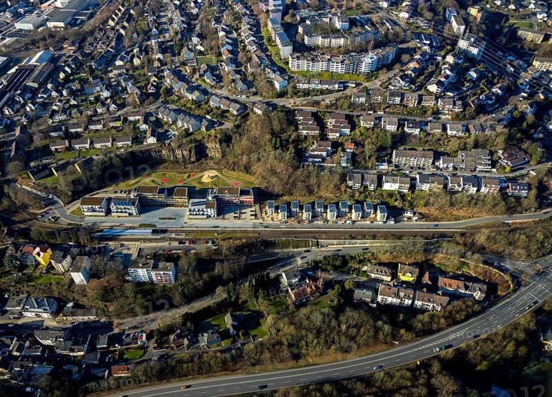 Aerial view, new development area residential estate Walter-Freitag-Straße, at Herdecke railway station, Herdecke, Ruhr area, North Rhine-Westphalia, Germany, DE, Europe, property tax, HGWG, real estate, aerial view, aerial photography, aerial photography, overview, bird's-eye view, residential estate, residential area, residential buildings, residential project Alter Steinbruch, residential quality, residential neighbourhood, housing estate, birds-eyes view, overview