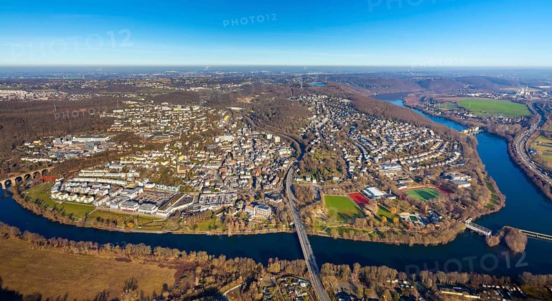 Aerial view, townscape, Ruhr river, Ruhr viaduct, Stiftsmühle dam, Herdecke, Ruhr area, North Rhine-Westphalia, Germany, federal road B54, city, DE, Europe, distant view, property tax, real estate, Hengstey run-of-river power station, aerial view, aerial photography, aerial photography, Ruhrbrtüvck, Ruhrbrücke Herdecke, townscape, city area, weir, overview, bird's eye view, weir, living and life, residential area, residential buildings, birds-eyes view, former Stiftsmühle weir, overview