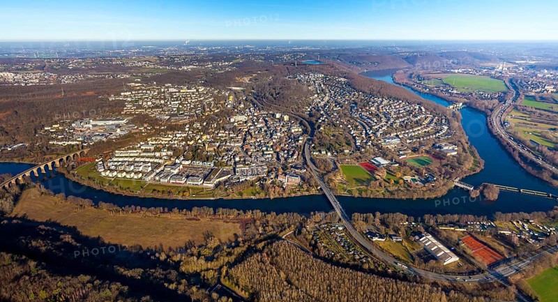 Aerial view, townscape, Ruhr river, Ruhr viaduct, Stiftsmühle dam, Herdecke, Ruhr area, North Rhine-Westphalia, Germany, City, DE, Europe, distant view, property tax, real estate, Hengstey run-of-river power station, aerial photograph, aerial photography, townscape, urban area, weir, overview, bird's eye view, weir, living and life, residential area, residential buildings, birds-eyes view, former Stiftsmühle weir, overview