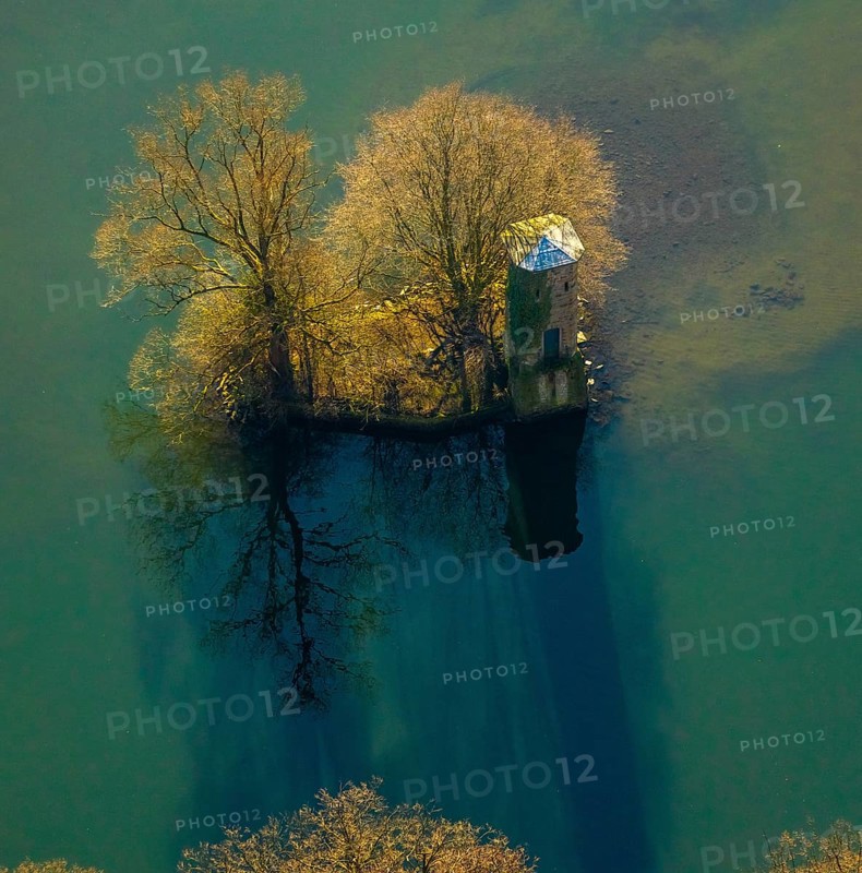 Aerial view, mouse tower on an island in the Hengsteysee, Hengstey, Herdecke, Ruhr area, North Rhine-Westphalia, Germany, DE, Europe, island, aerial view, aerial photography, aerial photography, sight, tower, overview, bird's-eye view, formerly part of a bridge, historical, overview