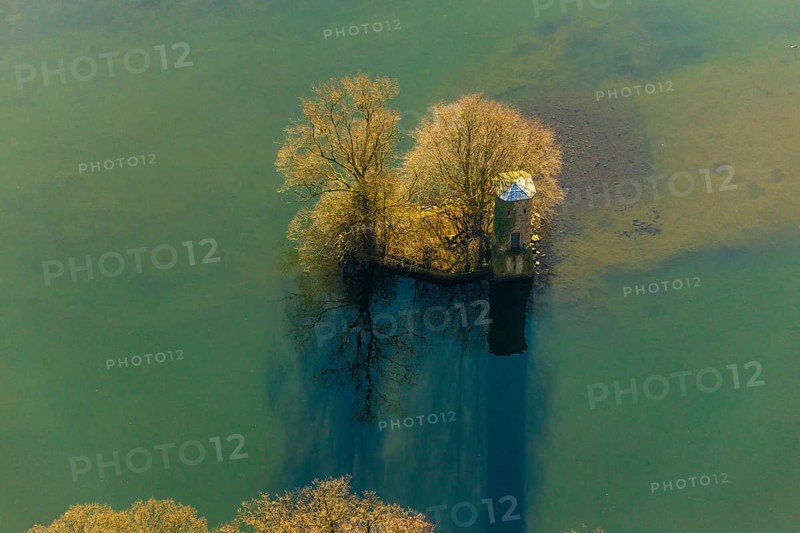Aerial view, mouse tower on an island in the Hengsteysee, Hengstey, Herdecke, Ruhr area, North Rhine-Westphalia, Germany, DE, Europe, island, aerial view, aerial photography, aerial photography, sight, tower, overview, bird's-eye view, formerly part of a bridge, historical, overview