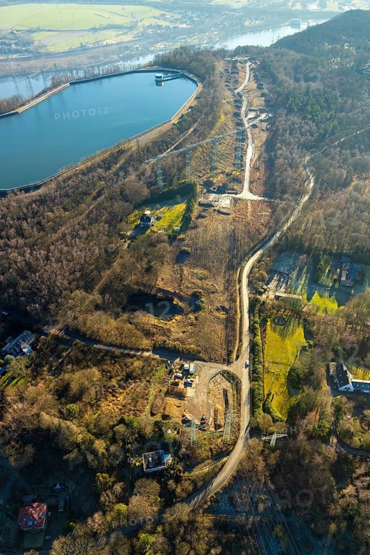 Aerial view, river Ruhr, reservoir, construction site Im Kleff, high voltage road at the reservoir, Herdecke, Ruhr area, North Rhine-Westphalia, Germany, DE, Europe, Hengsteysee, Köpchenwerk, aerial view, aerial photography, aerial photography, pumped storage power station Köpchenwerk, lake, overview, bird's eye view, forest area, birds-eyes view, overview