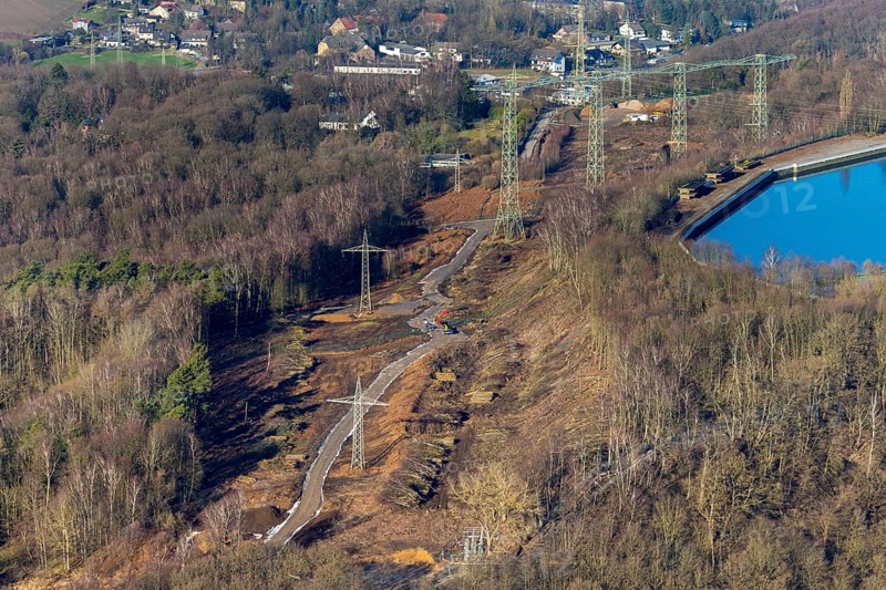 Aerial view, river Ruhr, reservoir, construction site Im Kleff, high voltage road at the reservoir, Herdecke, Ruhr area, North Rhine-Westphalia, Germany, DE, Europe, Hengsteysee, Köpchenwerk, aerial view, aerial photography, aerial photography, pumped storage power station Köpchenwerk, lake, overview, bird's eye view, forest area, birds-eyes view, overview