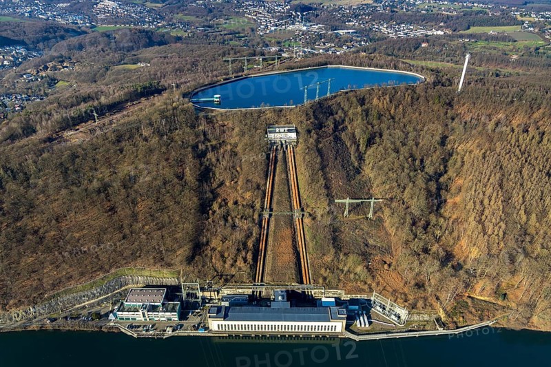 Aerial view, river Ruhr, pumped storage power station, Köpchenwerk, storage basin, Herdecke, Ruhr area, North Rhine-Westphalia, Germany, DE, Europe, Hengsteysee, aerial view, aerial photography, aerial photography, pumped storage power station Köpchenwerk, lake, overview, bird's eye view, forest area, birds-eyes view, overview