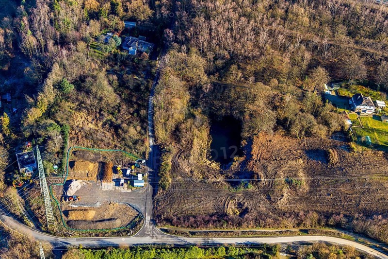 Aerial view, construction site Im Kleff, high-voltage road at the reservoir, end, Herdecke, Ruhr area, North Rhine-Westphalia, Germany, construction work, construction area, construction site, building plots, construction measure, construction project, construction site, DE, development, Europe, Im Kleff, capacity requirement, aerial photograph, aerial photography, aerial photography, overview, bird's-eye view, bird's-eye view, overview